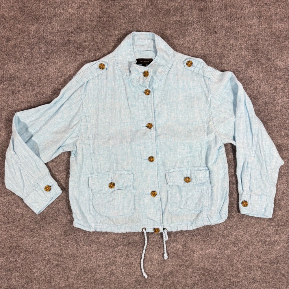Talbots Linen Utility Safari Jacket Womens Large Blue 100% Linen Coastal EUC
